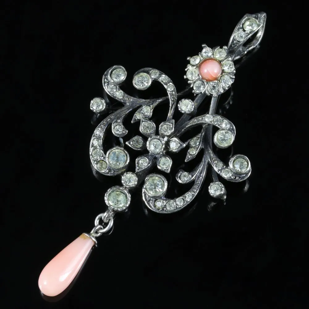 Antique Edwardian Coral Silver Paste Pendant Circa 1910