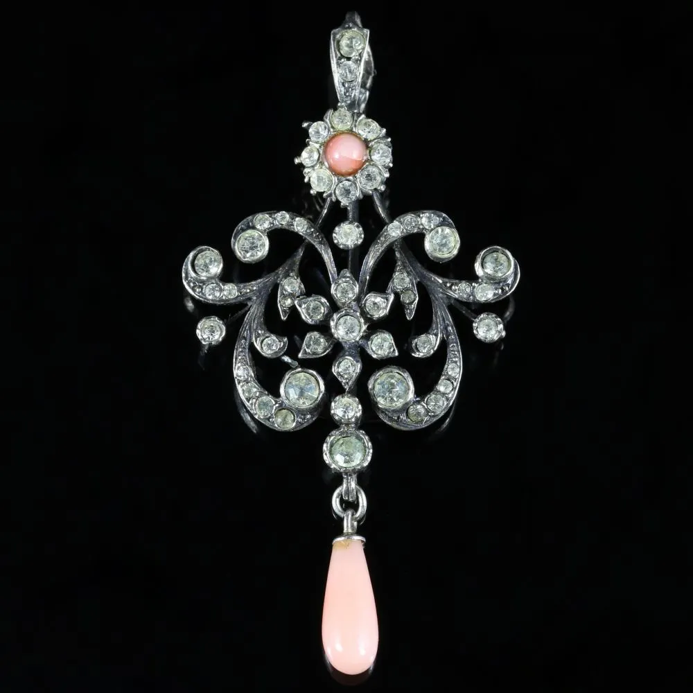 Antique Edwardian Coral Silver Paste Pendant Circa 1910