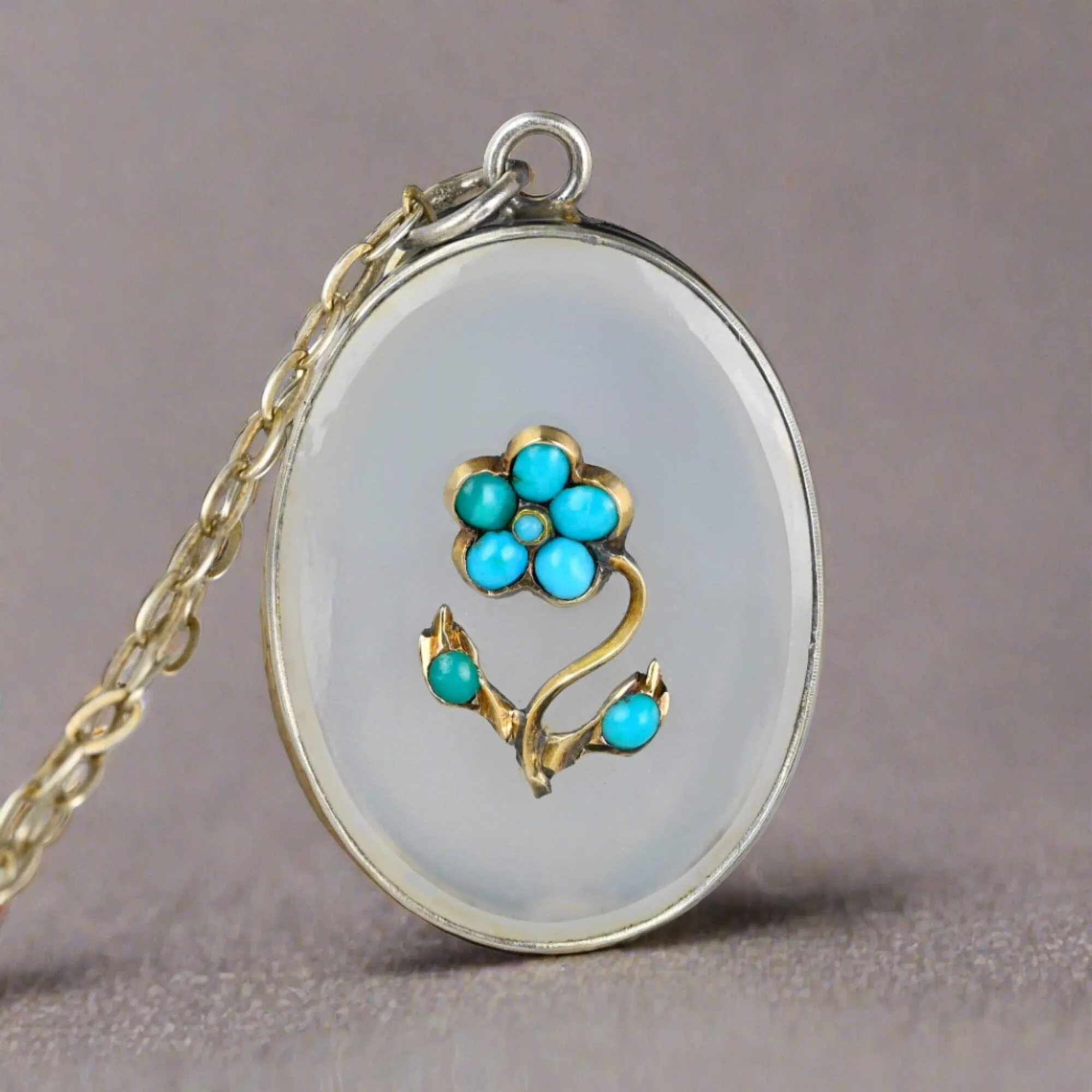 Antique Gold Set Turquoise Forget Me Not Chalcedony Necklace