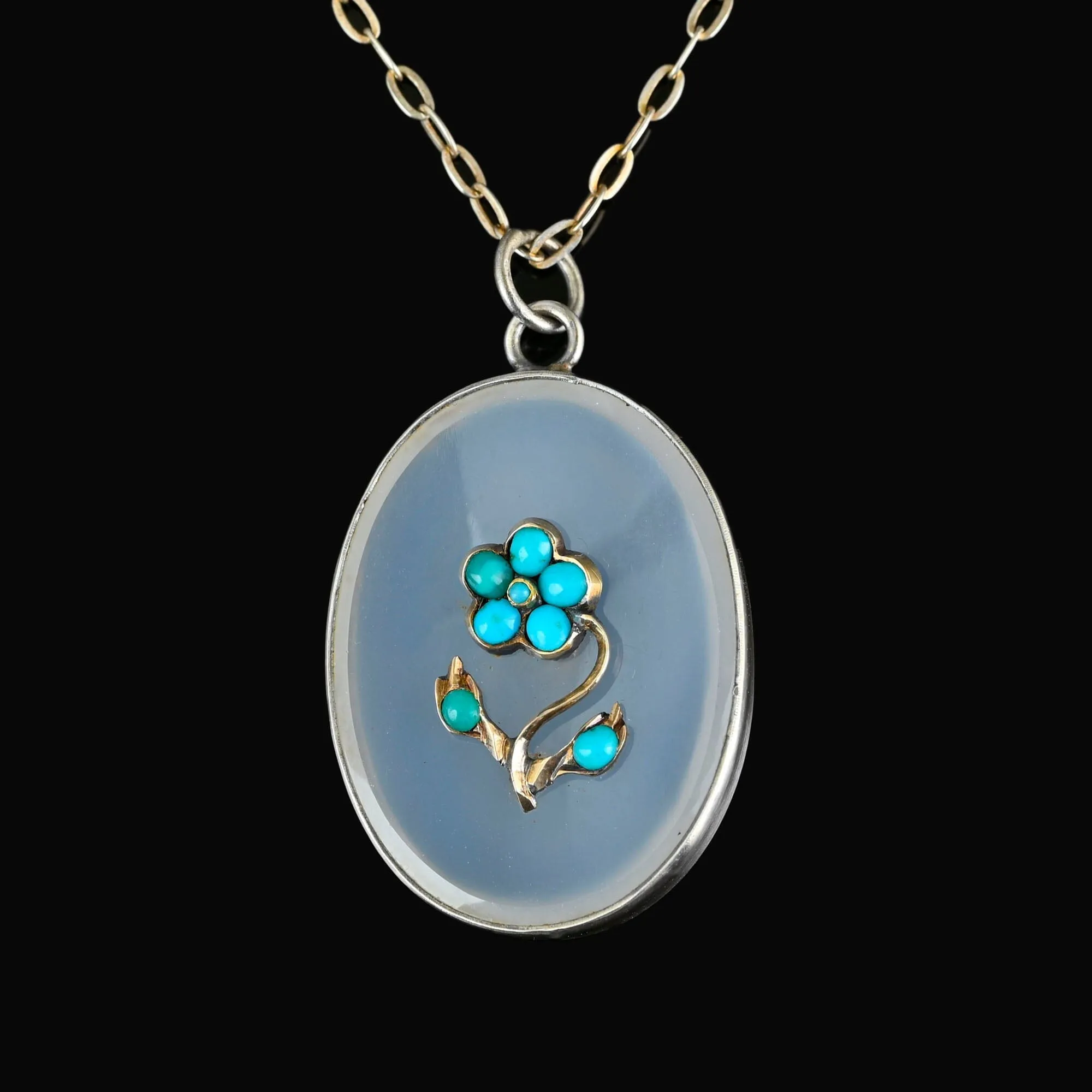 Antique Gold Set Turquoise Forget Me Not Chalcedony Necklace