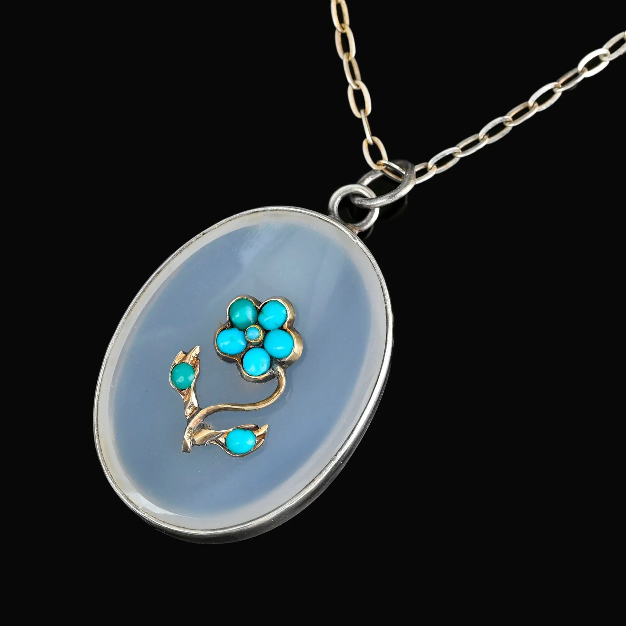 Antique Gold Set Turquoise Forget Me Not Chalcedony Necklace