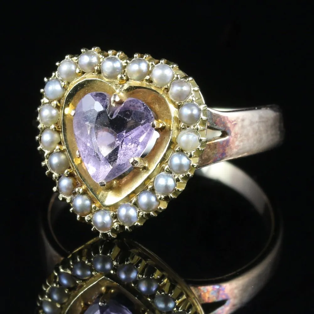 Antique Victorian Amethyst Pearl Heart Ring Circa 1880 18Ct Gold