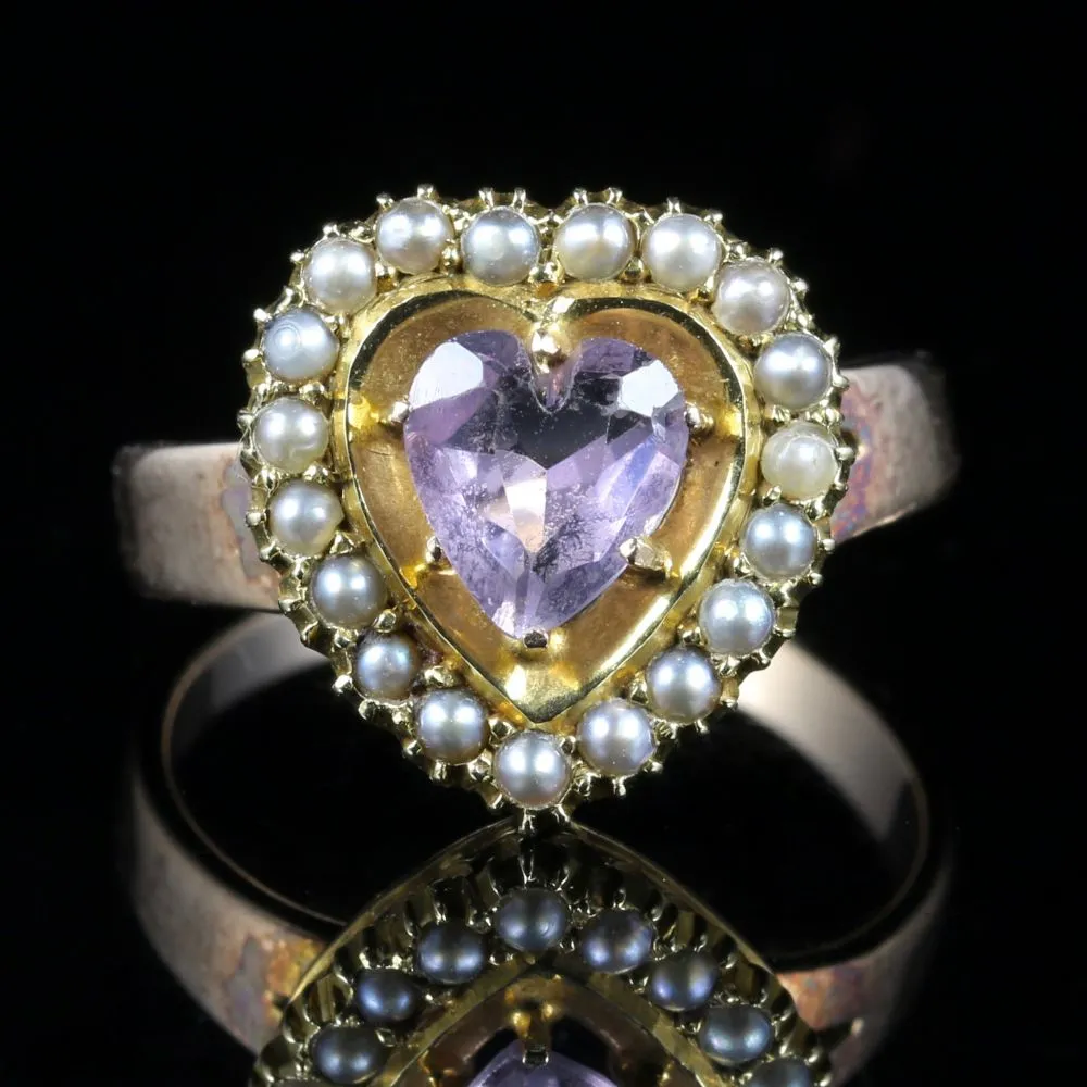 Antique Victorian Amethyst Pearl Heart Ring Circa 1880 18Ct Gold