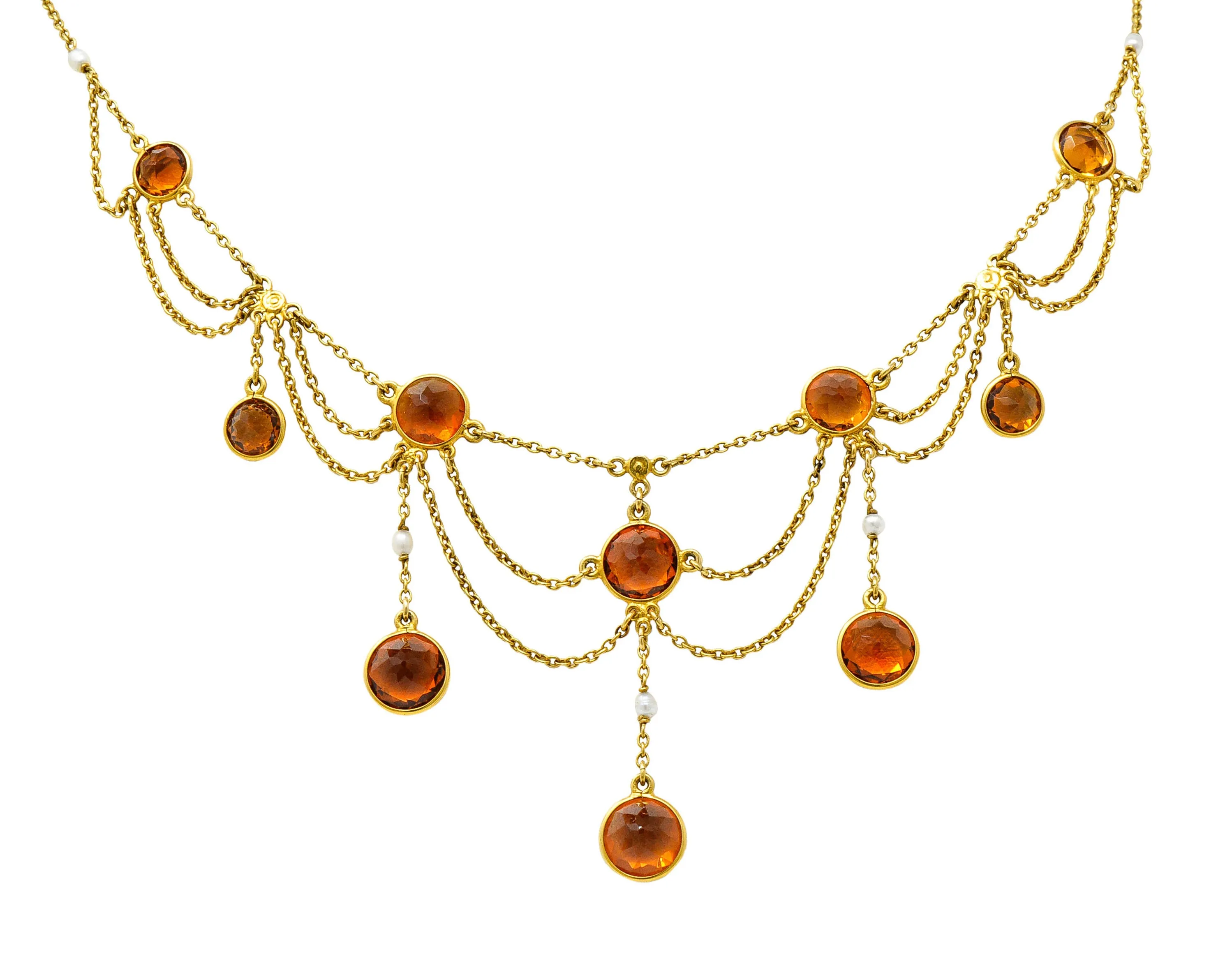 Art Nouveau Citrine Pearl 14 Karat Gold Swag Station Necklace