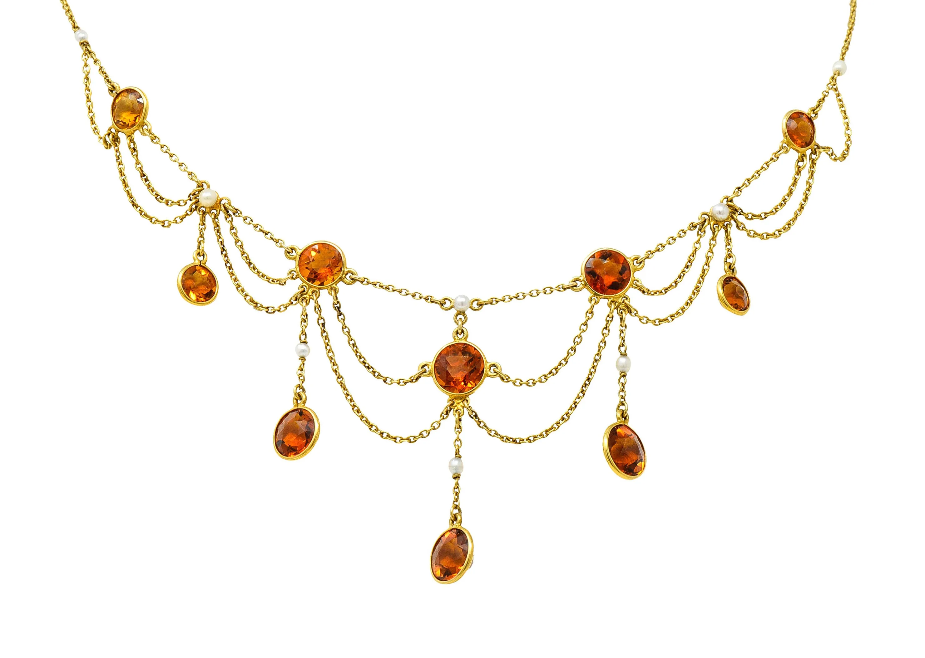 Art Nouveau Citrine Pearl 14 Karat Gold Swag Station Necklace