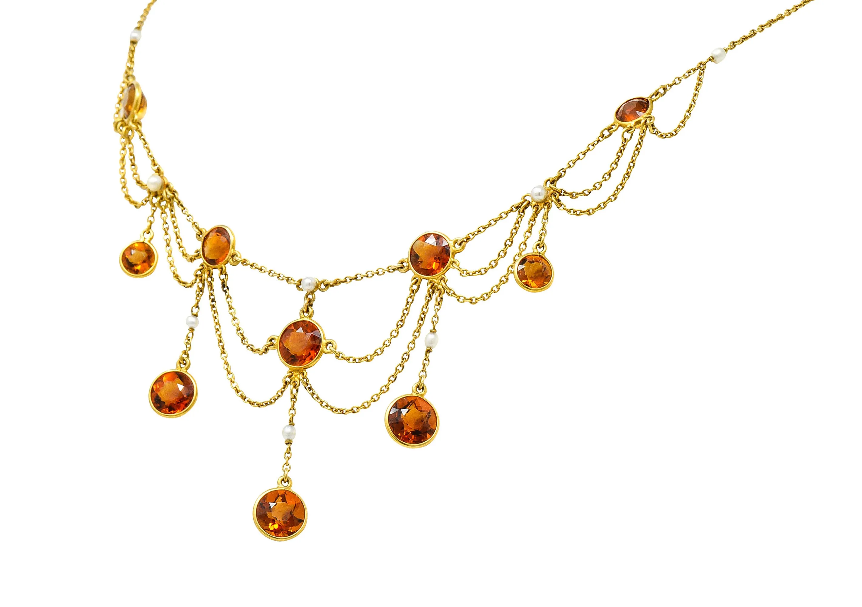 Art Nouveau Citrine Pearl 14 Karat Gold Swag Station Necklace