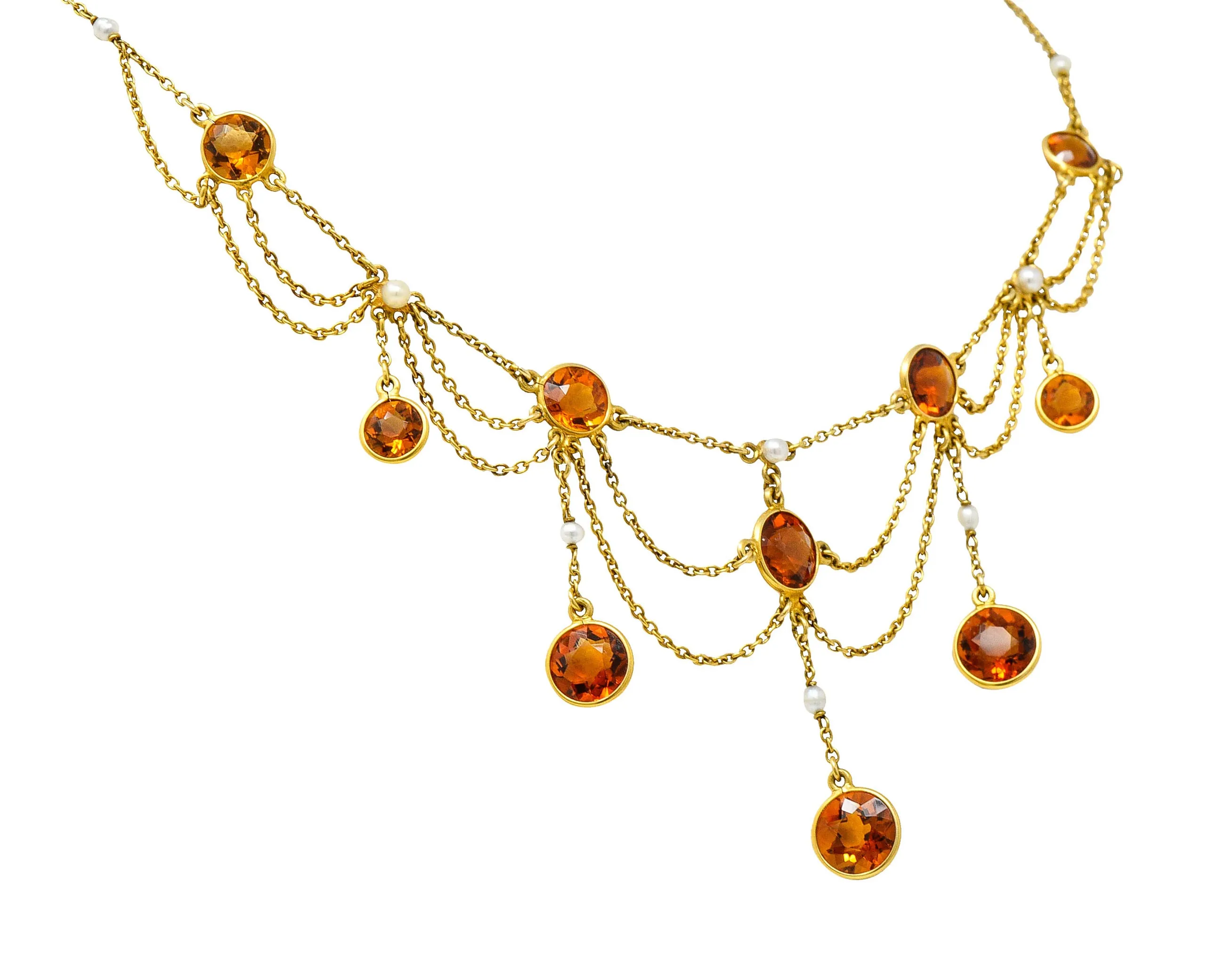 Art Nouveau Citrine Pearl 14 Karat Gold Swag Station Necklace