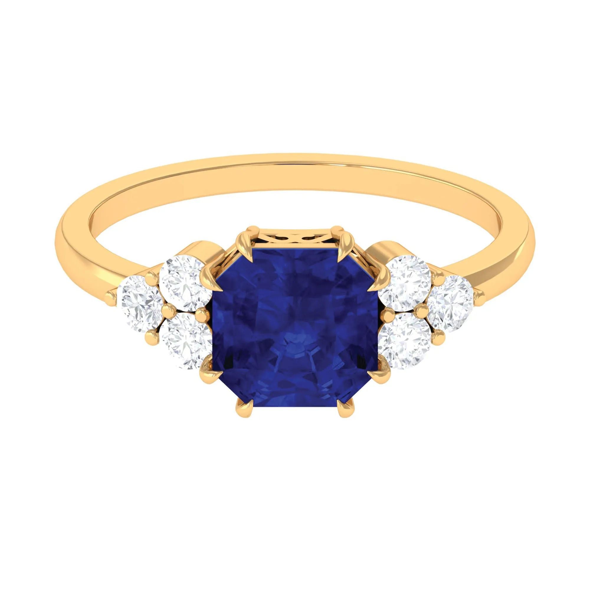 Asscher Cut Created Blue Sapphire Solitaire Engagement Ring with Diamond Trio