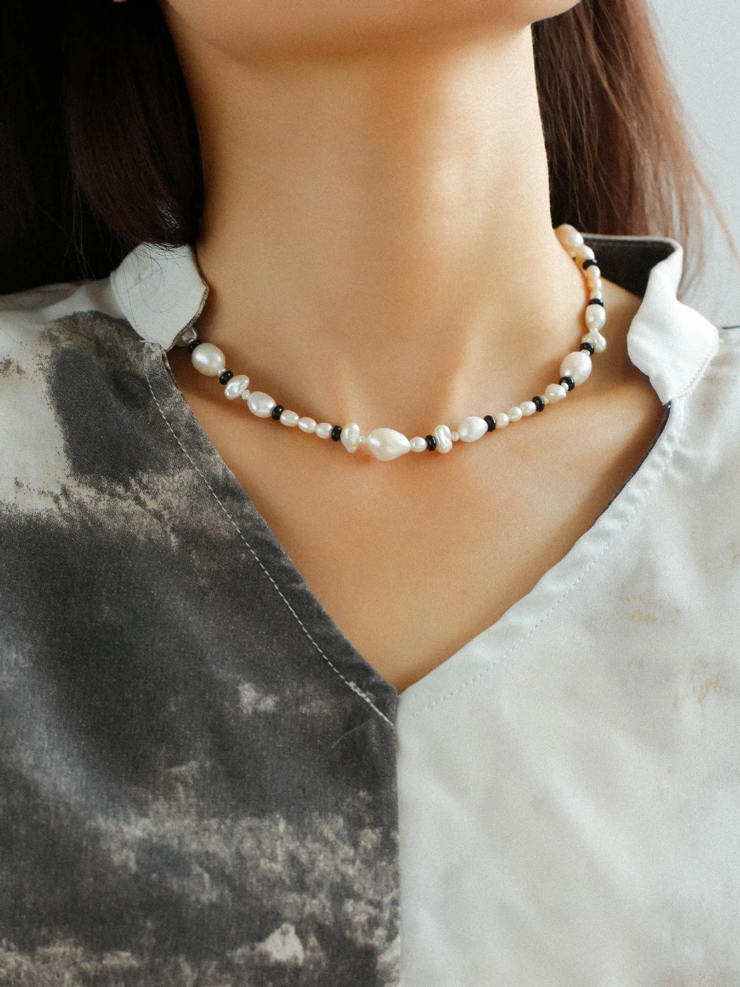 Baroque Pearl and Black Agate Beaded Necklace