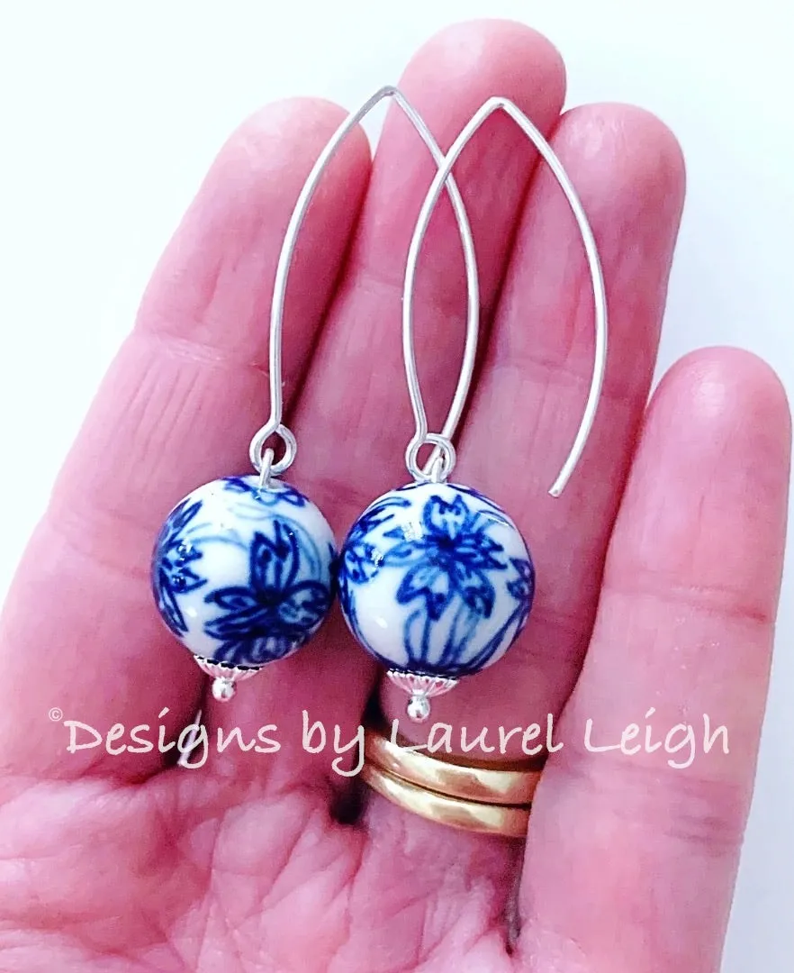 Blue & White Chinoiserie Wire Drop Earrings