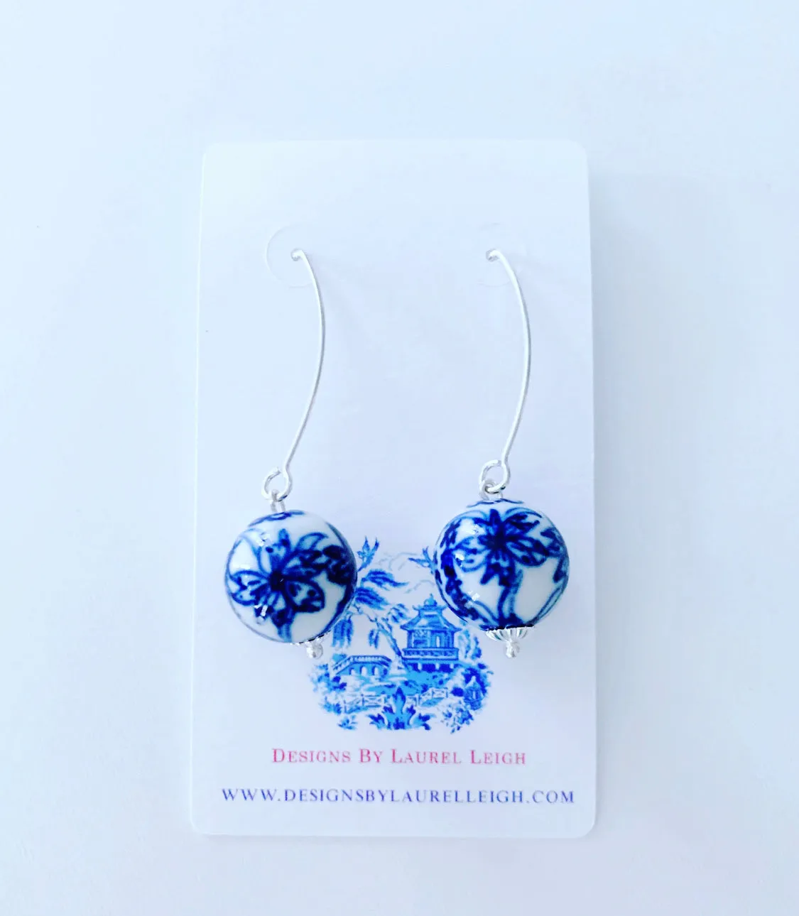 Blue & White Chinoiserie Wire Drop Earrings