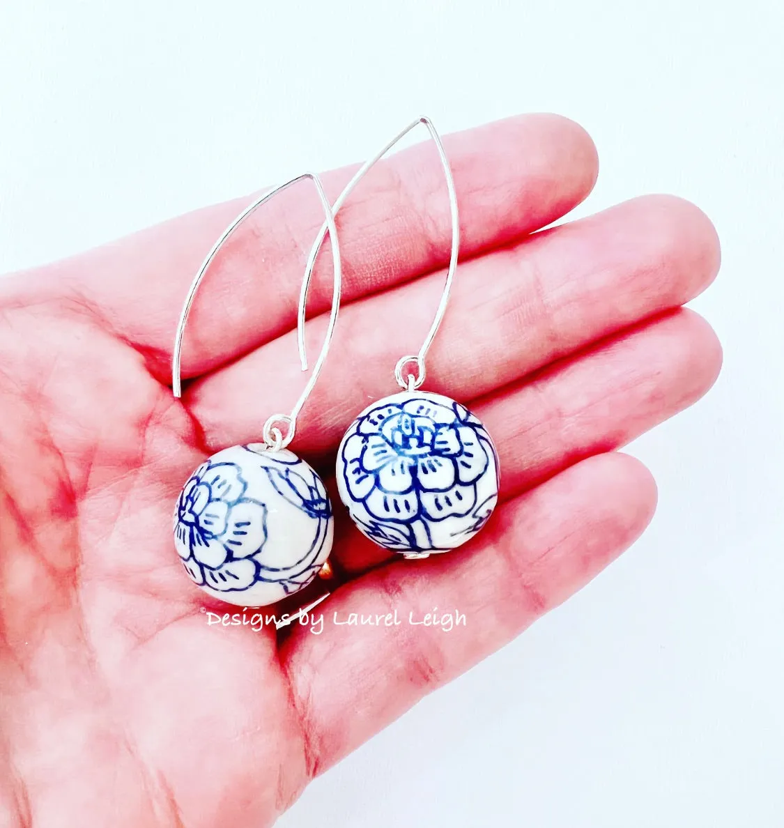 Blue & White Chinoiserie Wire Drop Earrings