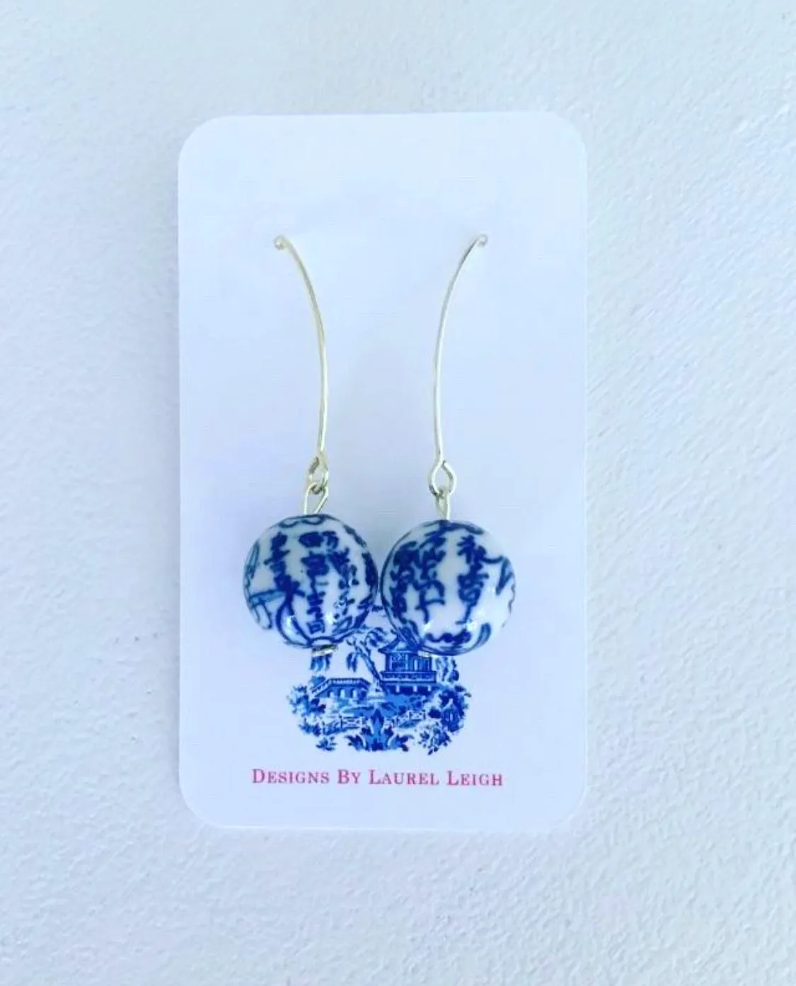 Blue & White Chinoiserie Wire Drop Earrings