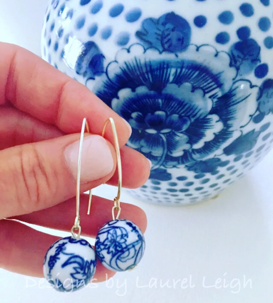 Blue & White Chinoiserie Wire Drop Earrings