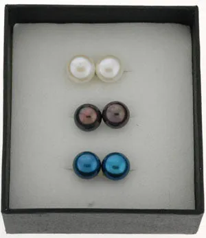 Button Freshwater Pearl Stud Earrings Set - White, Black and Blue (SKU: 191630)