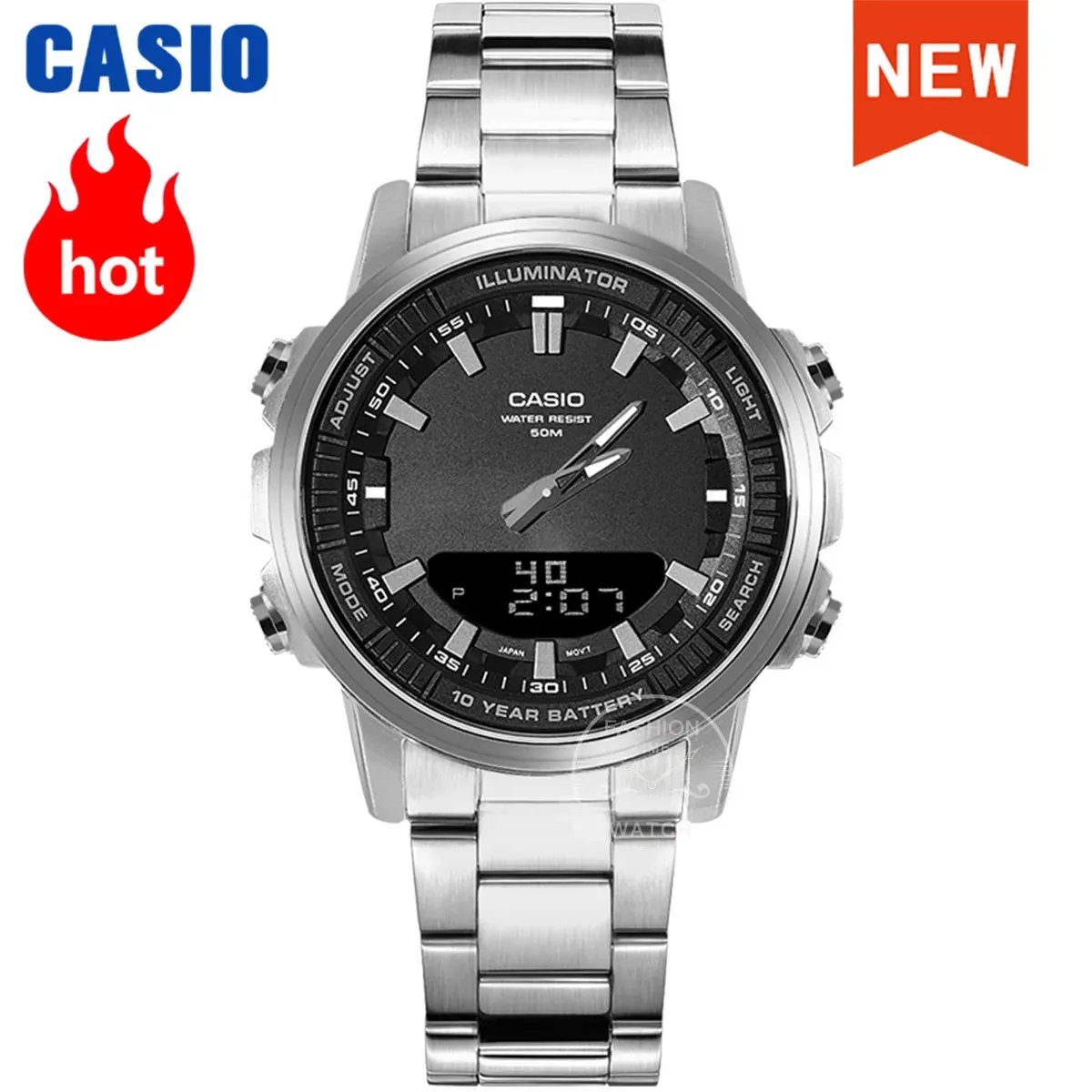 Casio AMW-880D-1A Men's Luxury Quartz Watch - Stainless Steel Band, 50m Waterproof, Chronograph, LED Display, Alarm.