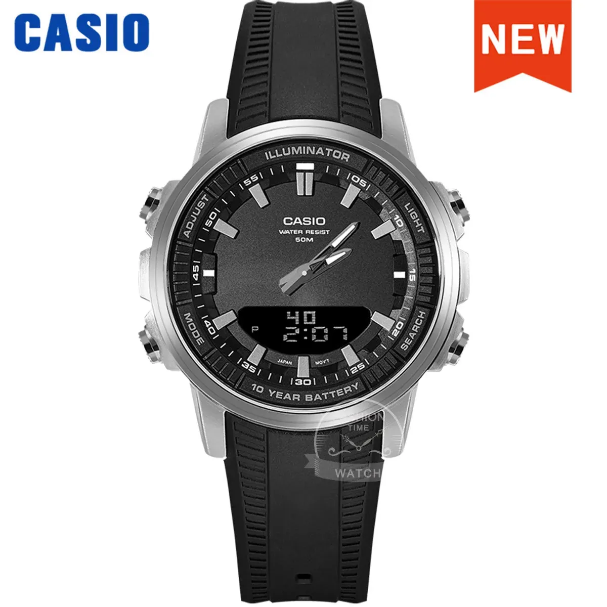 Casio AMW-880D-1A Men's Luxury Quartz Watch - Stainless Steel Band, 50m Waterproof, Chronograph, LED Display, Alarm.