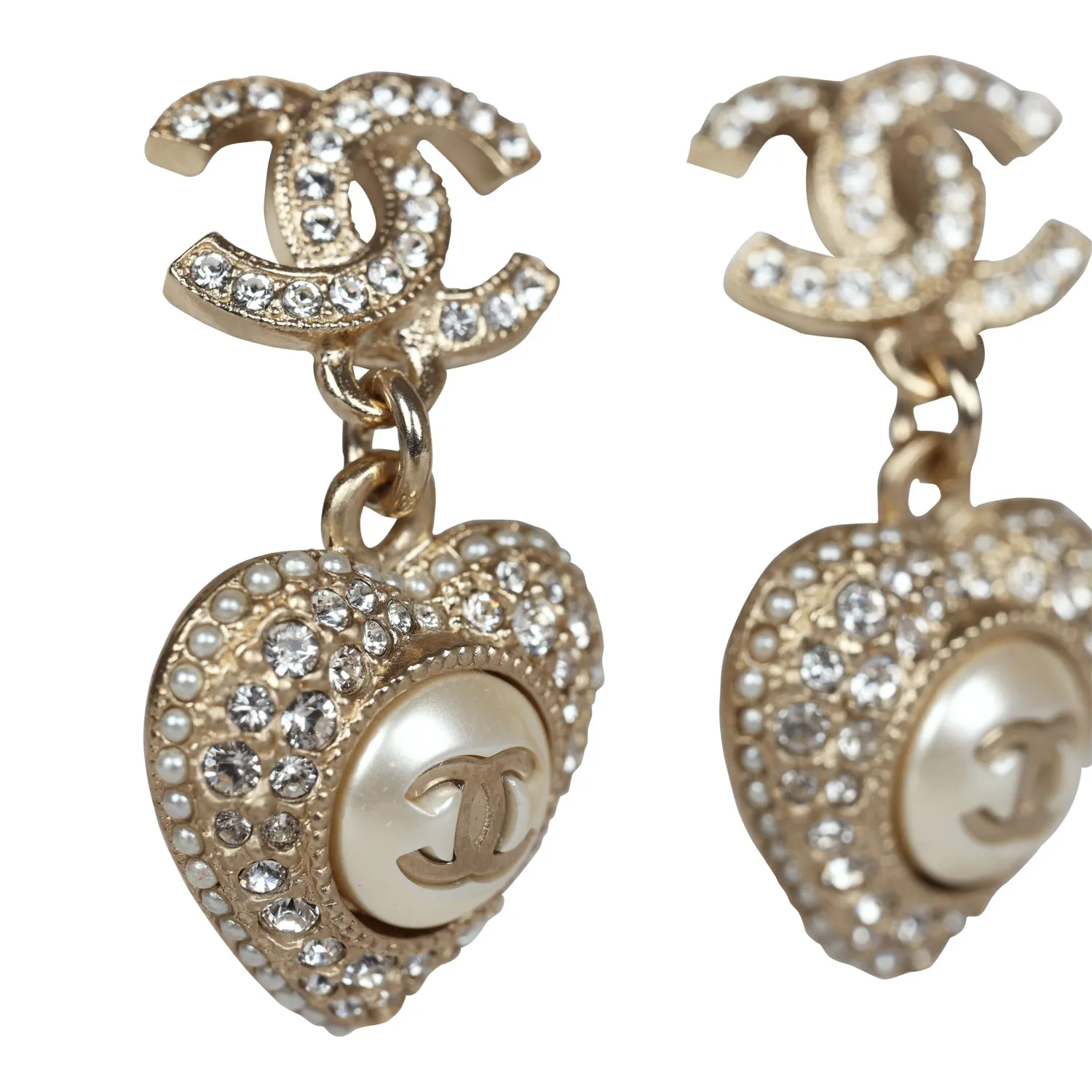 Chanel Crystal Heart Dangle CC Earrings Faux Pearl Light Gold Metal