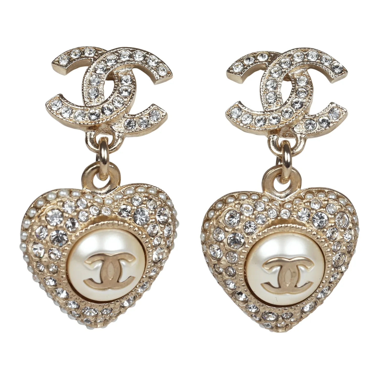 Chanel Crystal Heart Dangle CC Earrings Faux Pearl Light Gold Metal