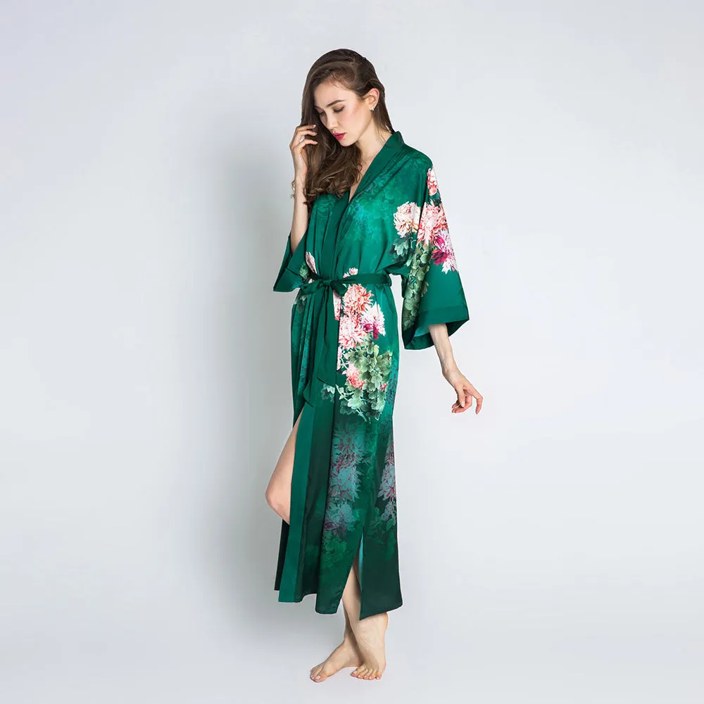 Coral Chrysanthemum Long Kimono Robe