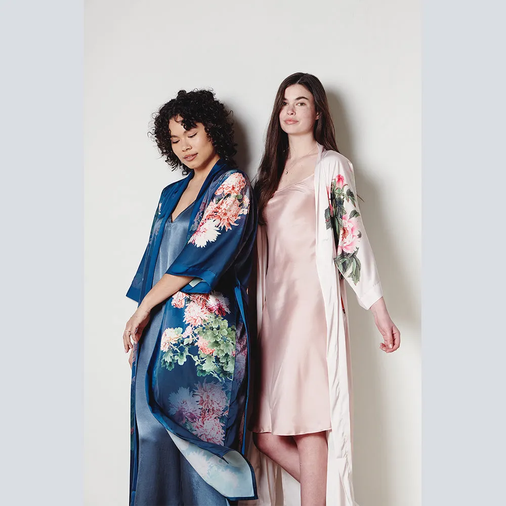 Coral Chrysanthemum Long Kimono Robe