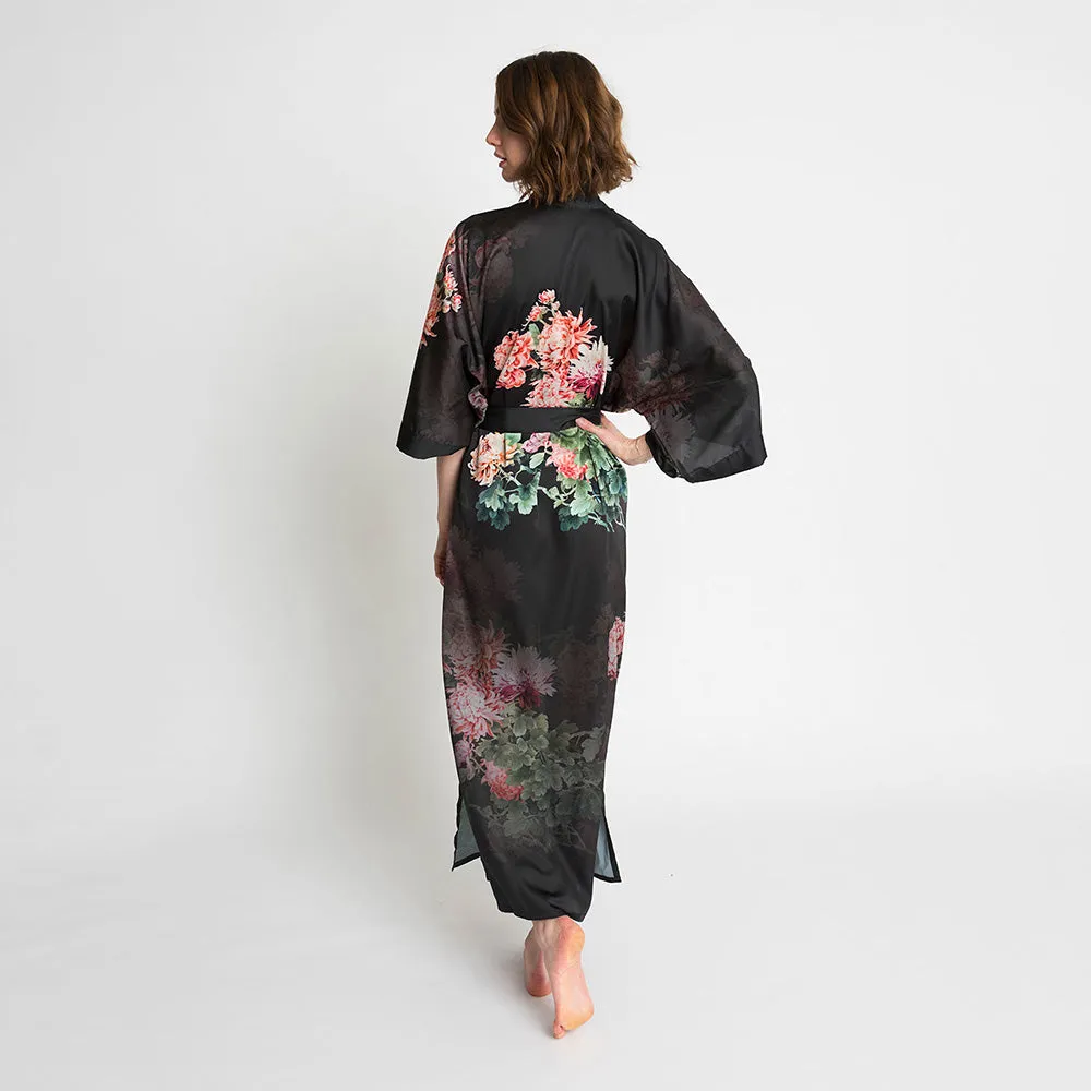 Coral Chrysanthemum Long Kimono Robe