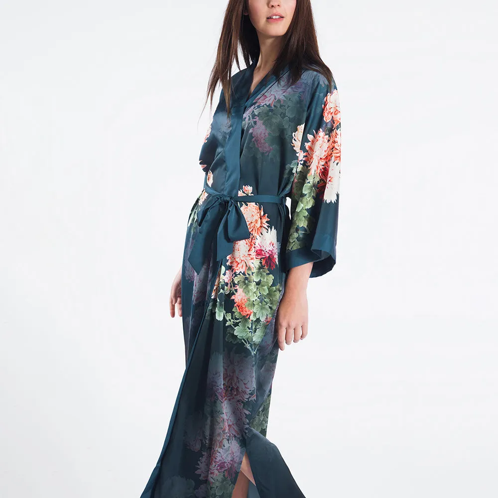 Coral Chrysanthemum Long Kimono Robe