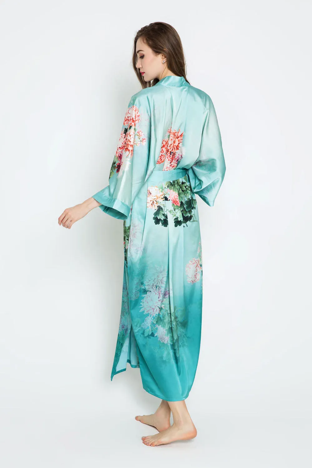 Coral Chrysanthemum Long Kimono Robe