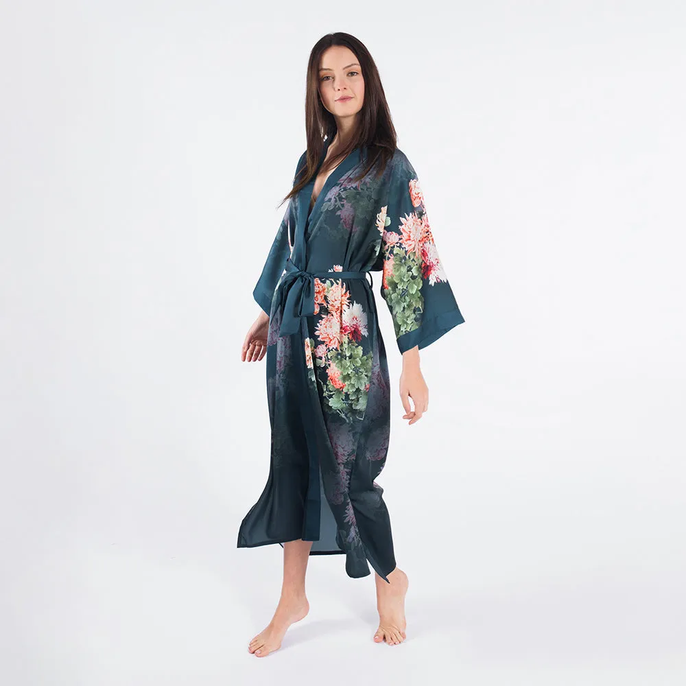 Coral Chrysanthemum Long Kimono Robe