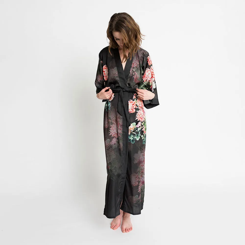 Coral Chrysanthemum Long Kimono Robe