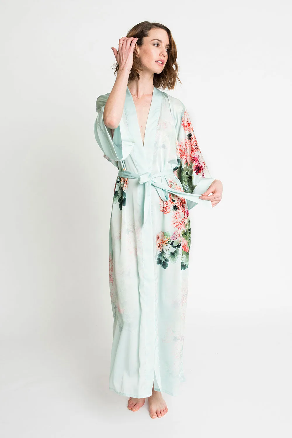 Coral Chrysanthemum Long Kimono Robe