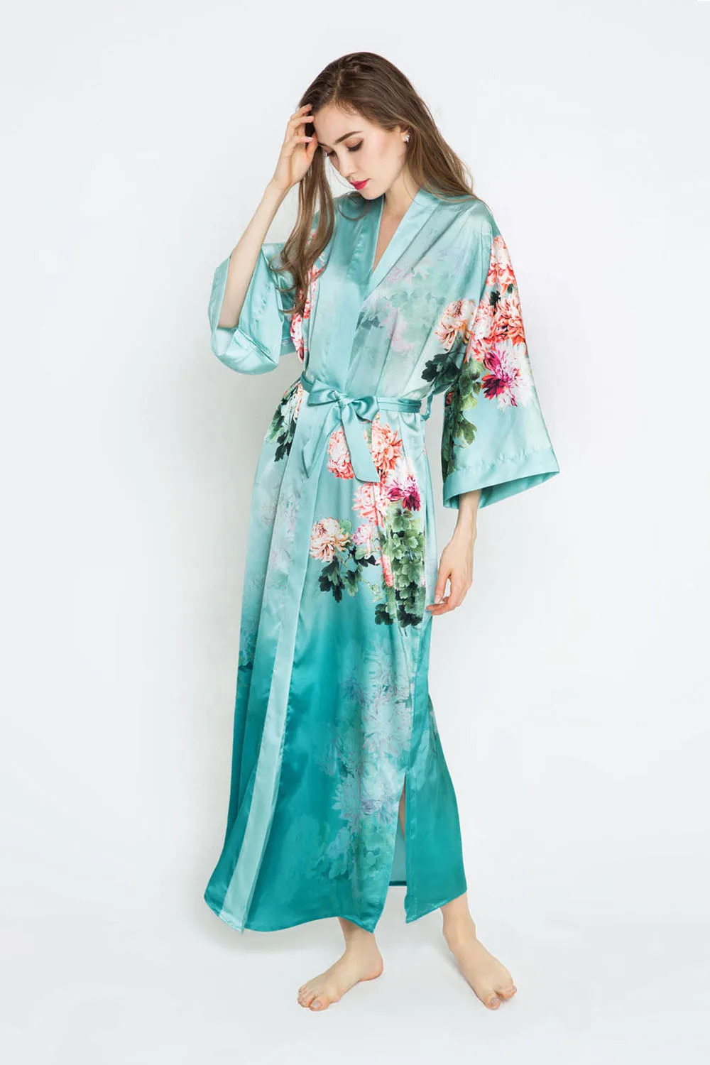 Coral Chrysanthemum Long Kimono Robe