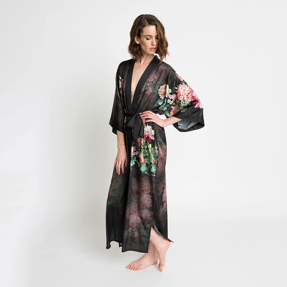 Coral Chrysanthemum Long Kimono Robe