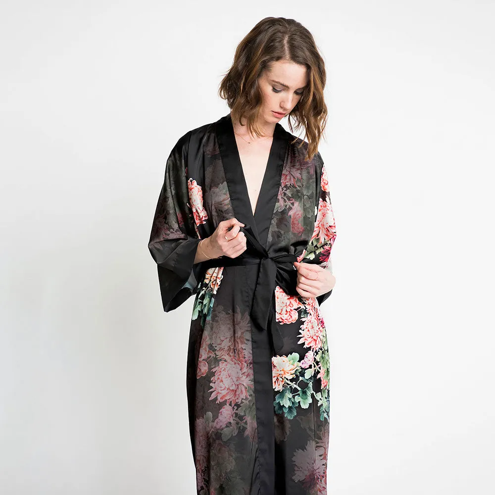 Coral Chrysanthemum Long Kimono Robe