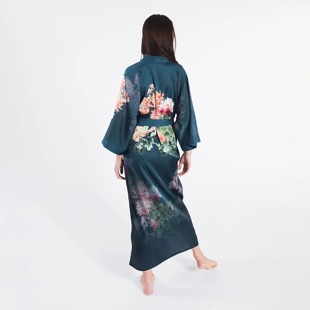 Coral Chrysanthemum Long Kimono Robe