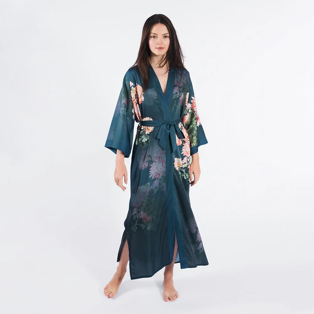 Coral Chrysanthemum Long Kimono Robe