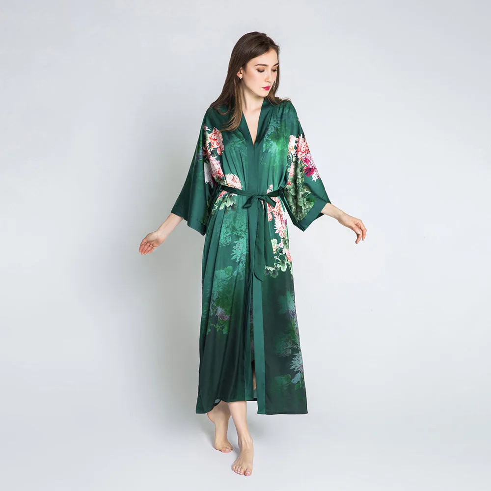 Coral Chrysanthemum Long Kimono Robe