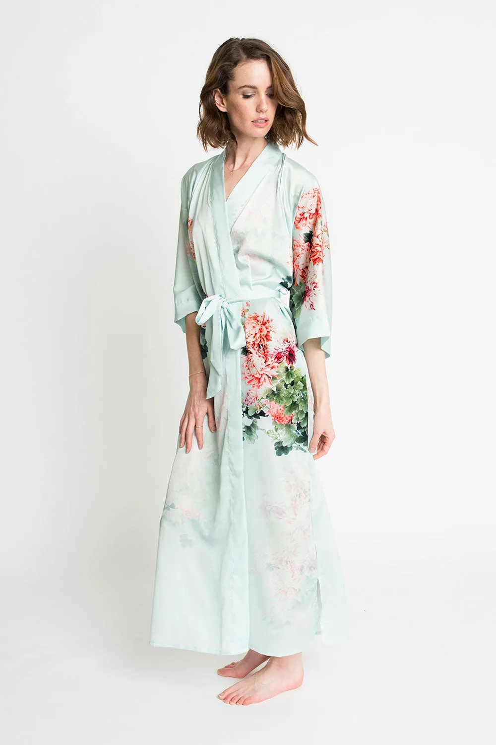 Coral Chrysanthemum Long Kimono Robe