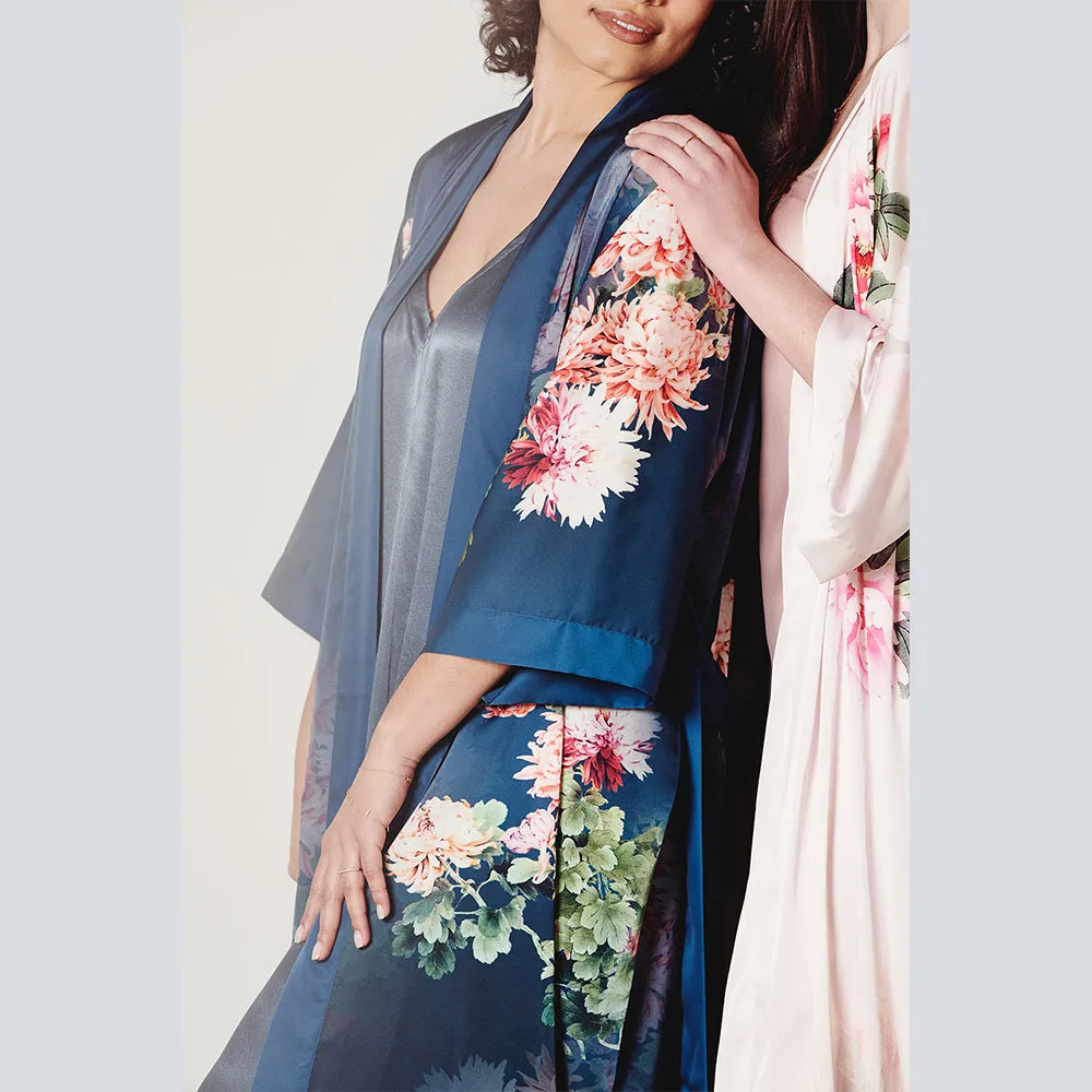 Coral Chrysanthemum Long Kimono Robe