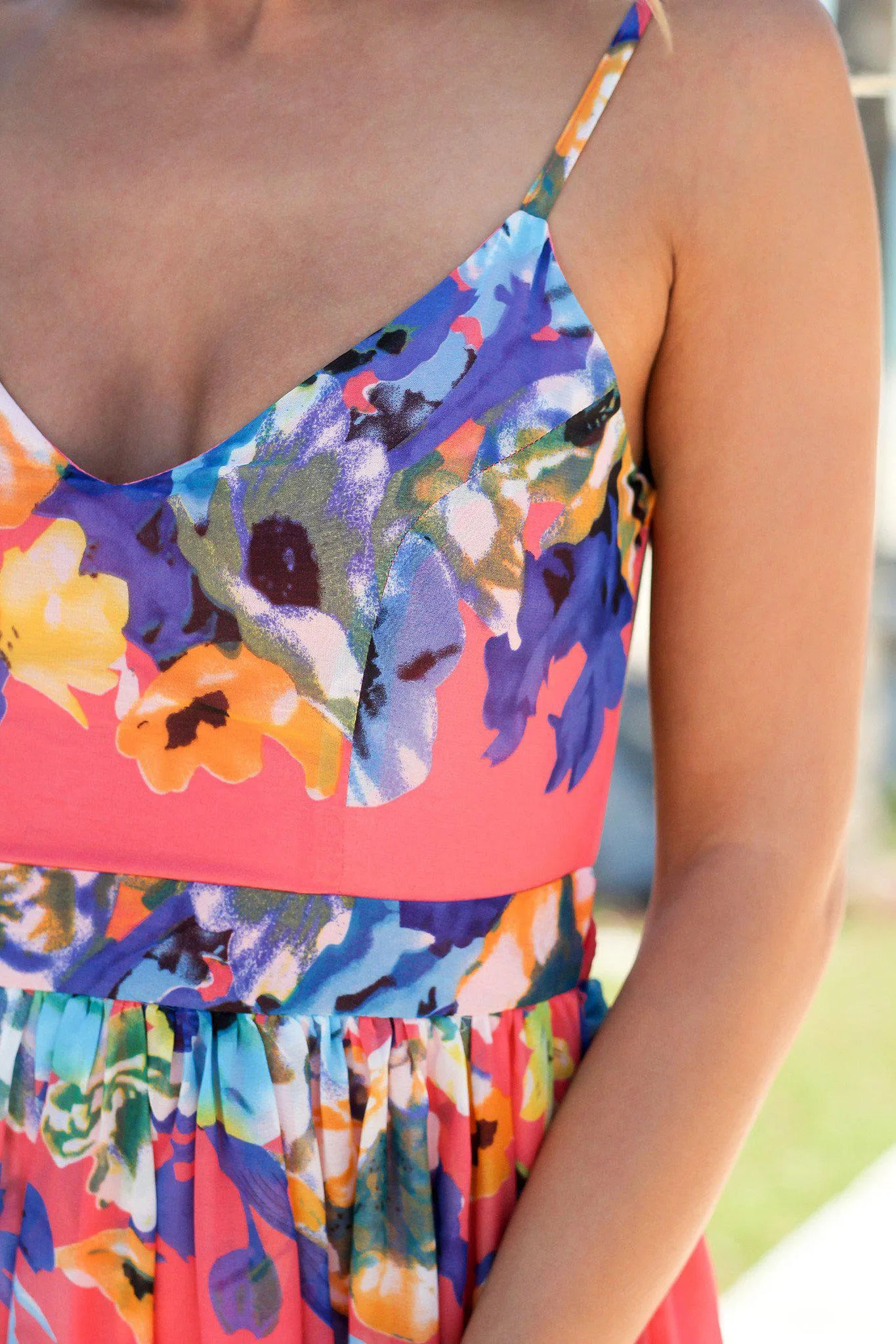 Coral Floral Maxi Dress with Side Slit