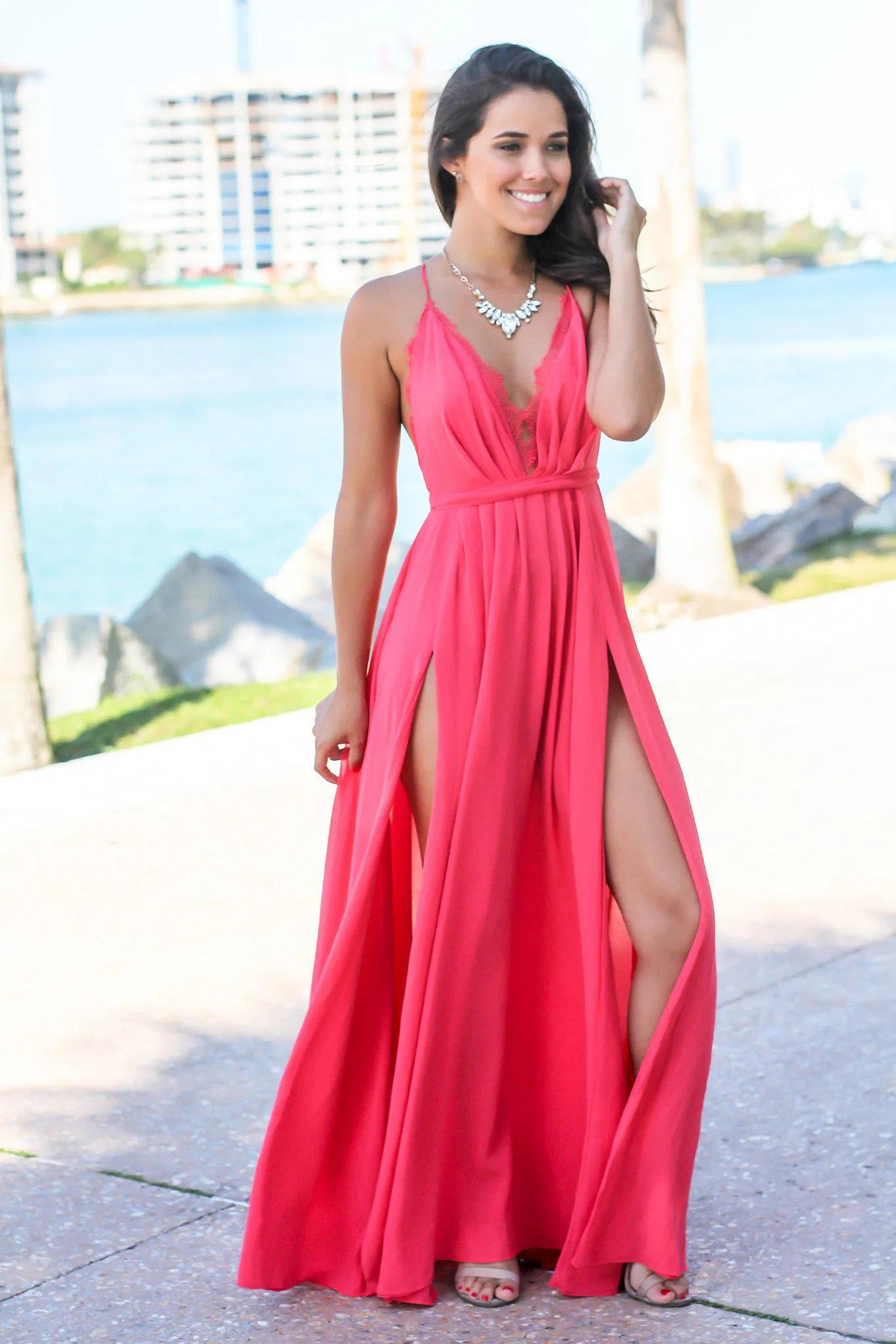 Coral Maxi Dress with Criss Cross Back and Lace Detail