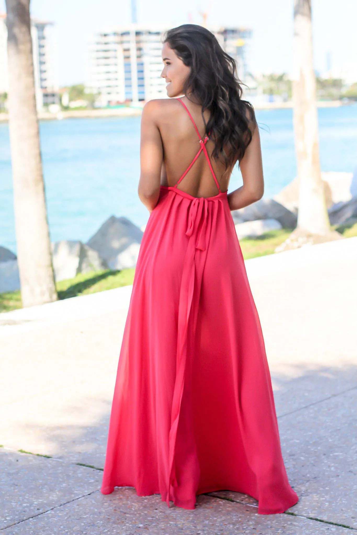 Coral Maxi Dress with Criss Cross Back and Lace Detail