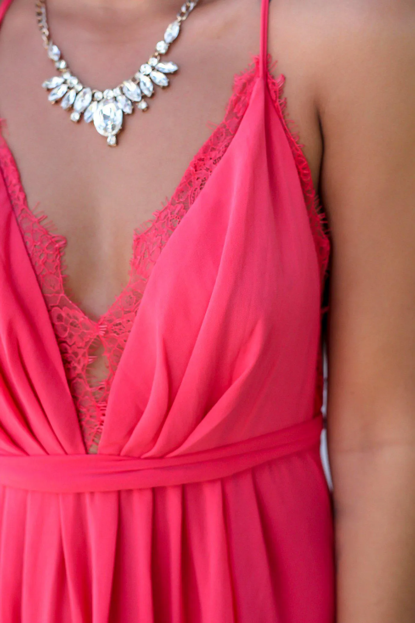 Coral Maxi Dress with Criss Cross Back and Lace Detail