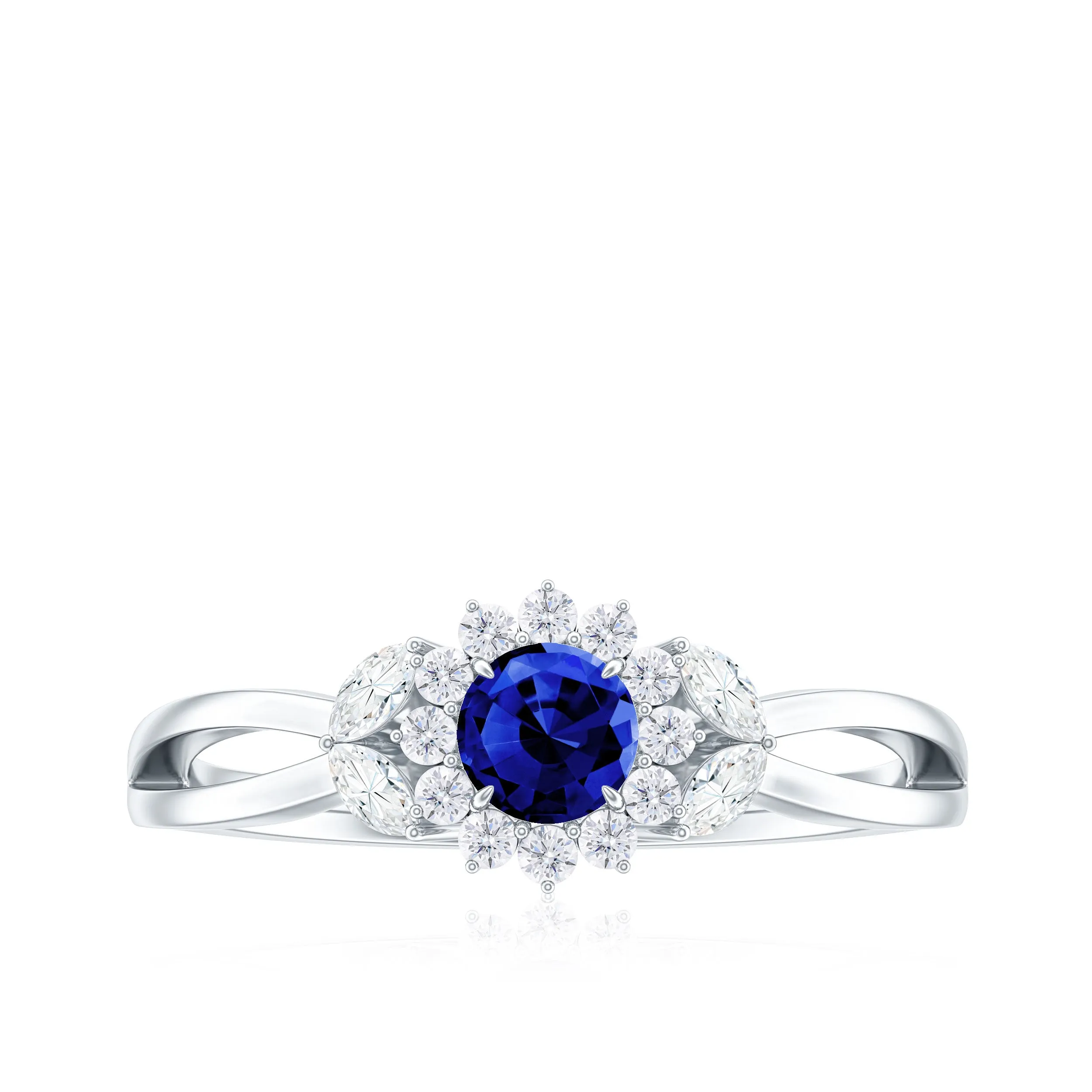 Created Blue Sapphire and Diamond Flower Engagement Ring with Split Shank