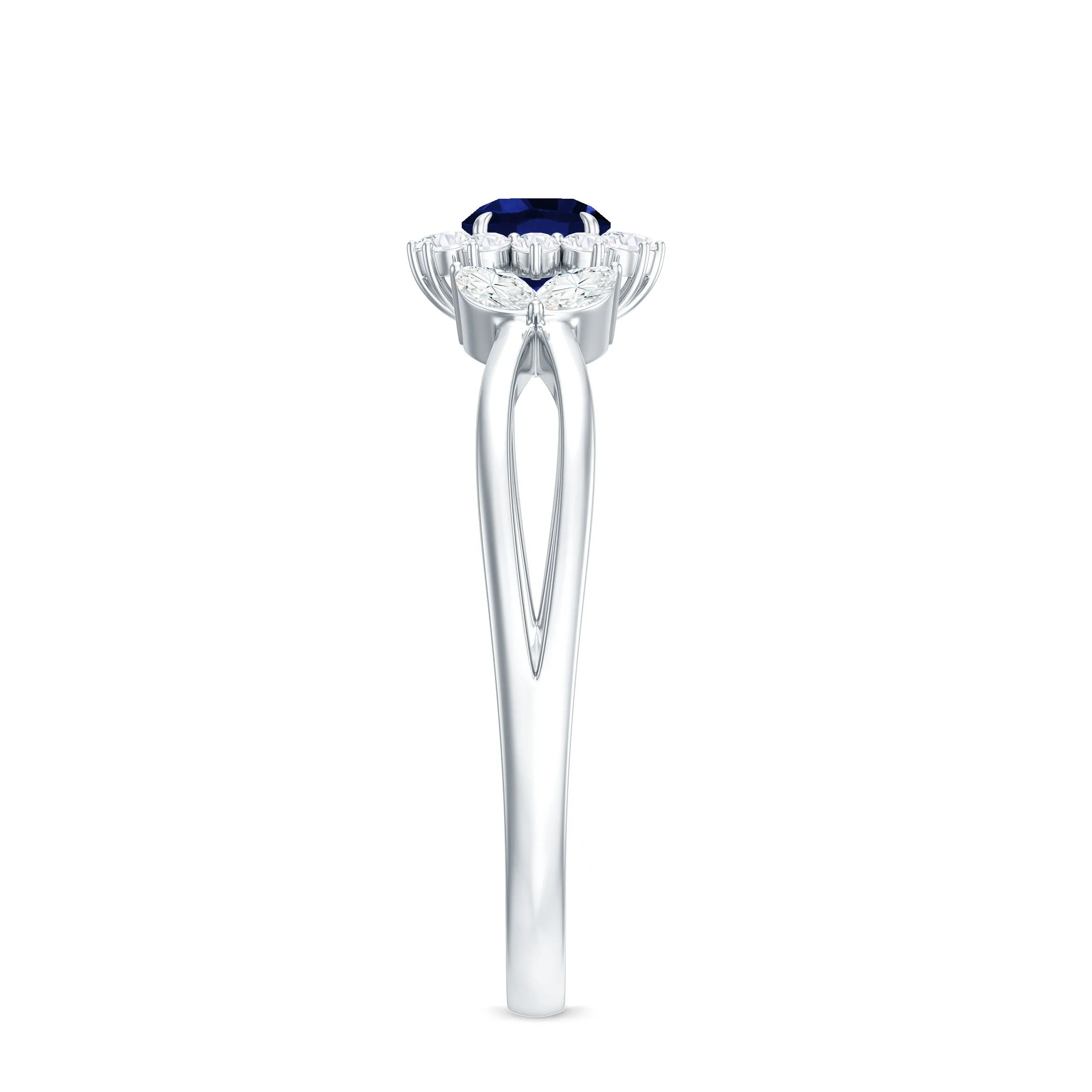 Created Blue Sapphire and Diamond Flower Engagement Ring with Split Shank