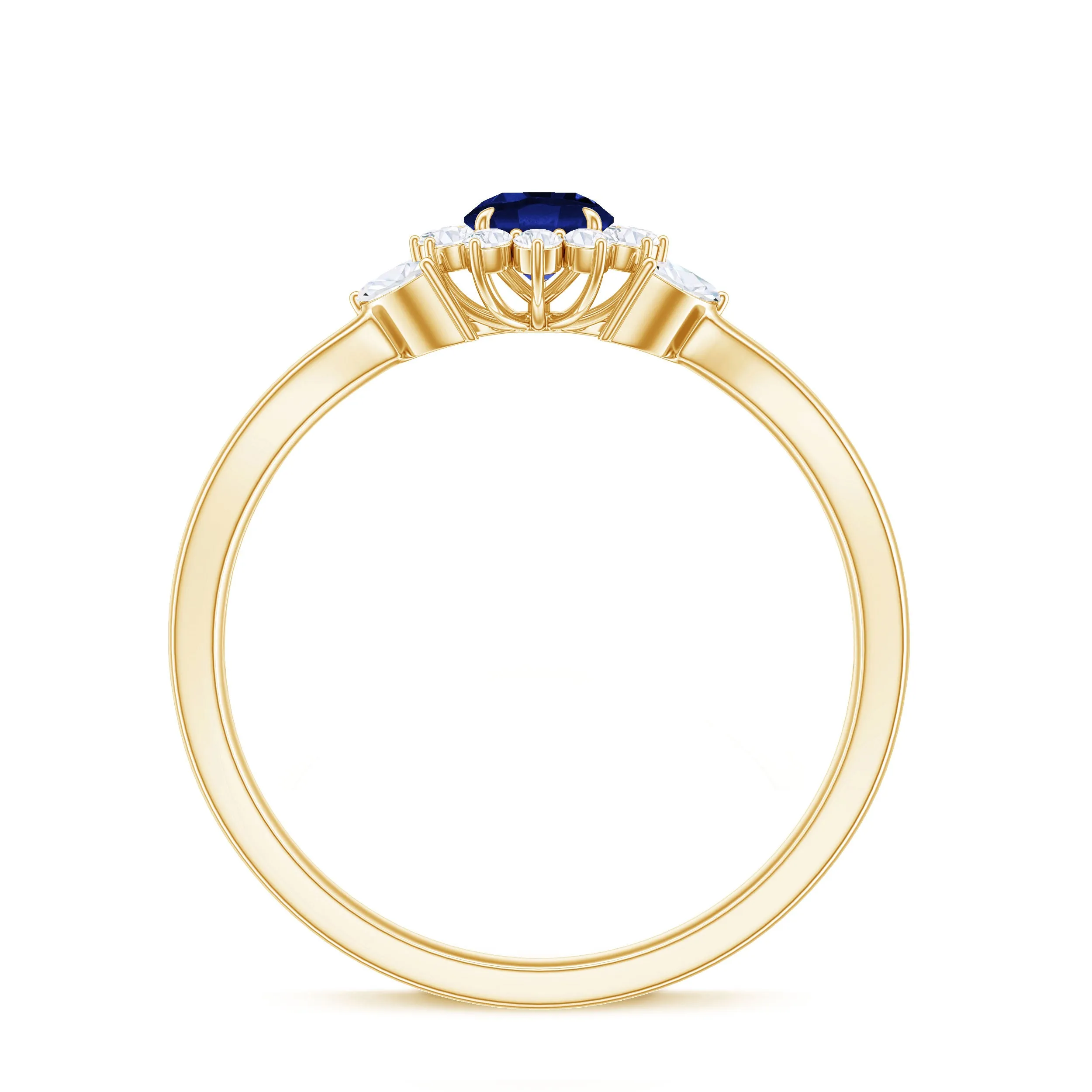 Created Blue Sapphire and Diamond Flower Engagement Ring with Split Shank