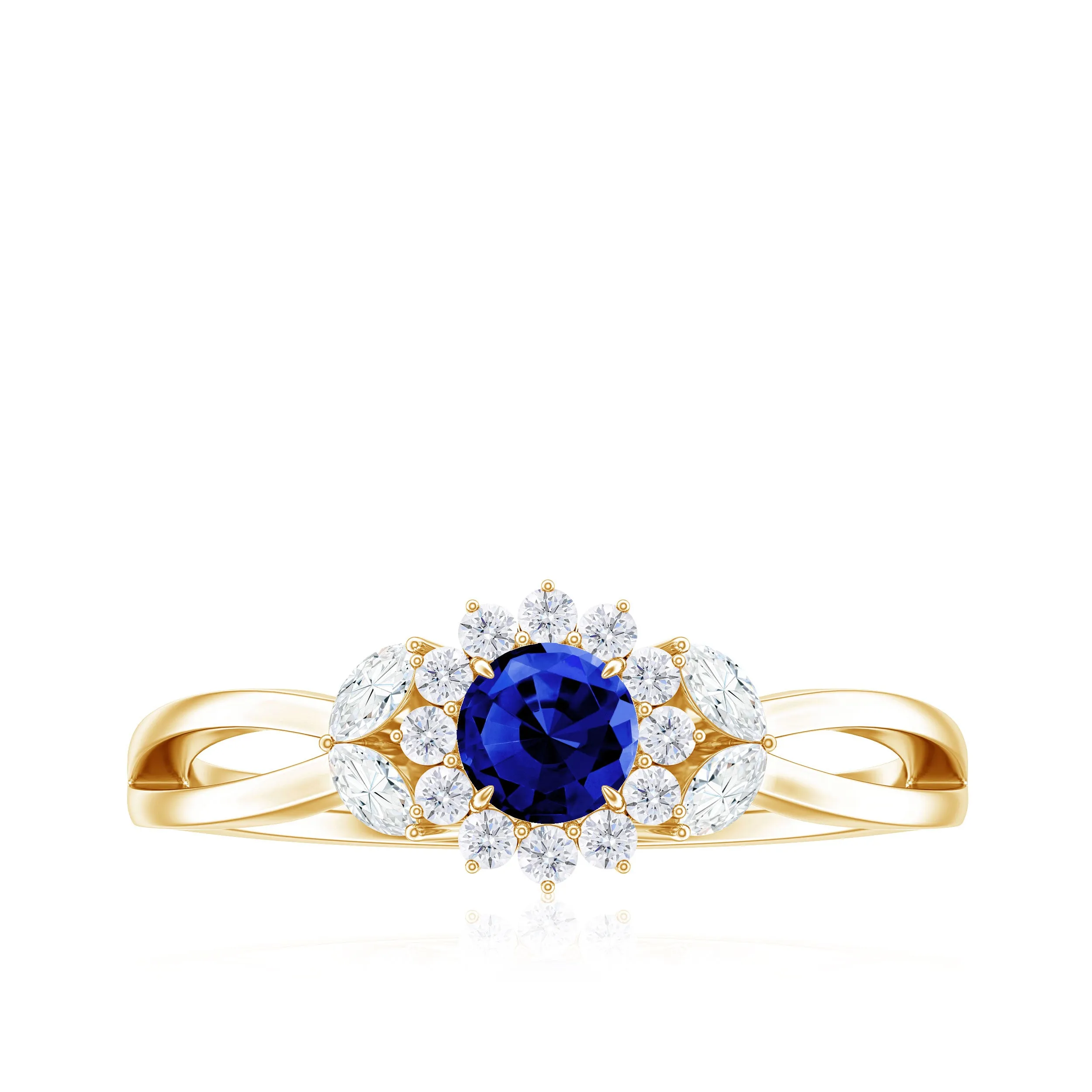 Created Blue Sapphire and Diamond Flower Engagement Ring with Split Shank