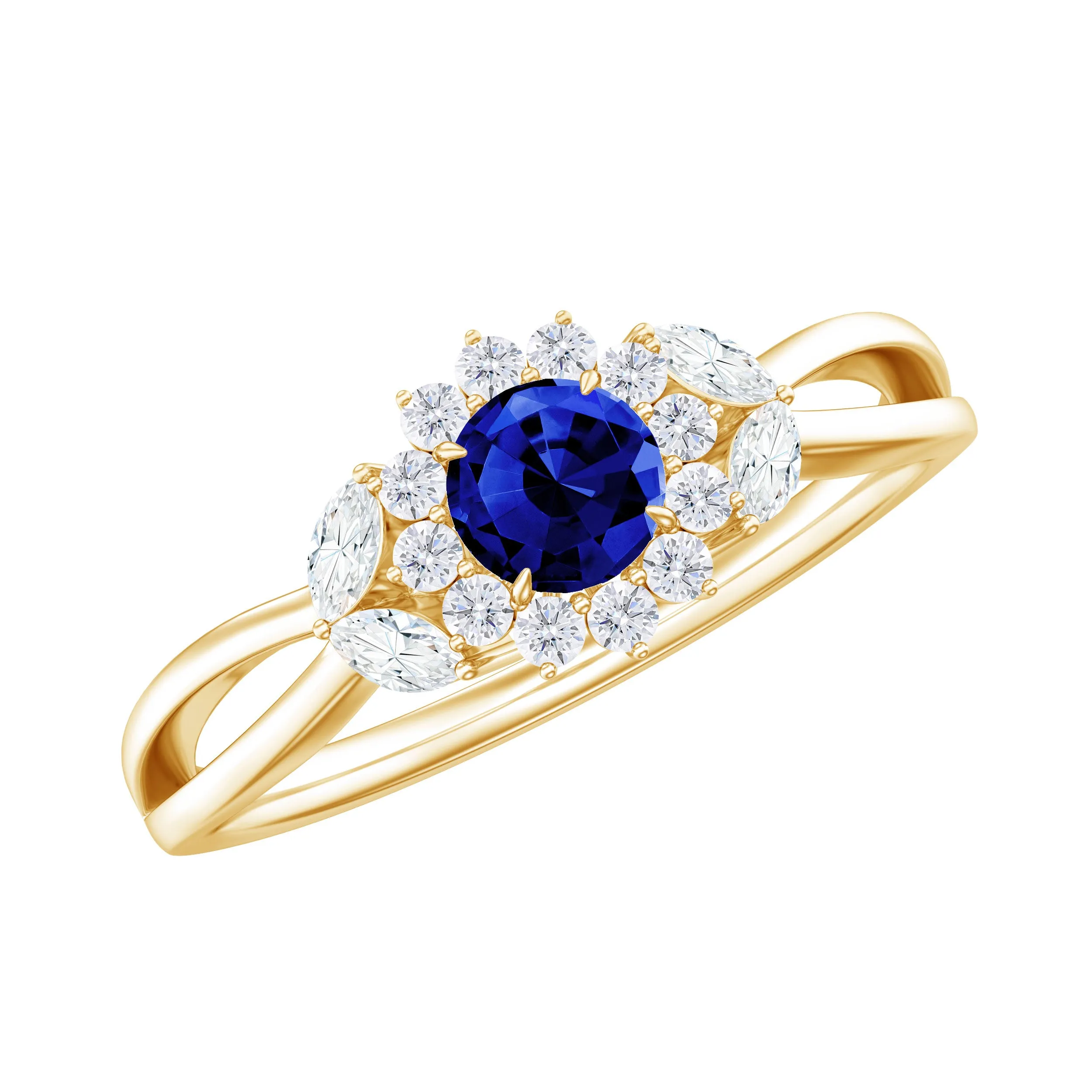 Created Blue Sapphire and Diamond Flower Engagement Ring with Split Shank