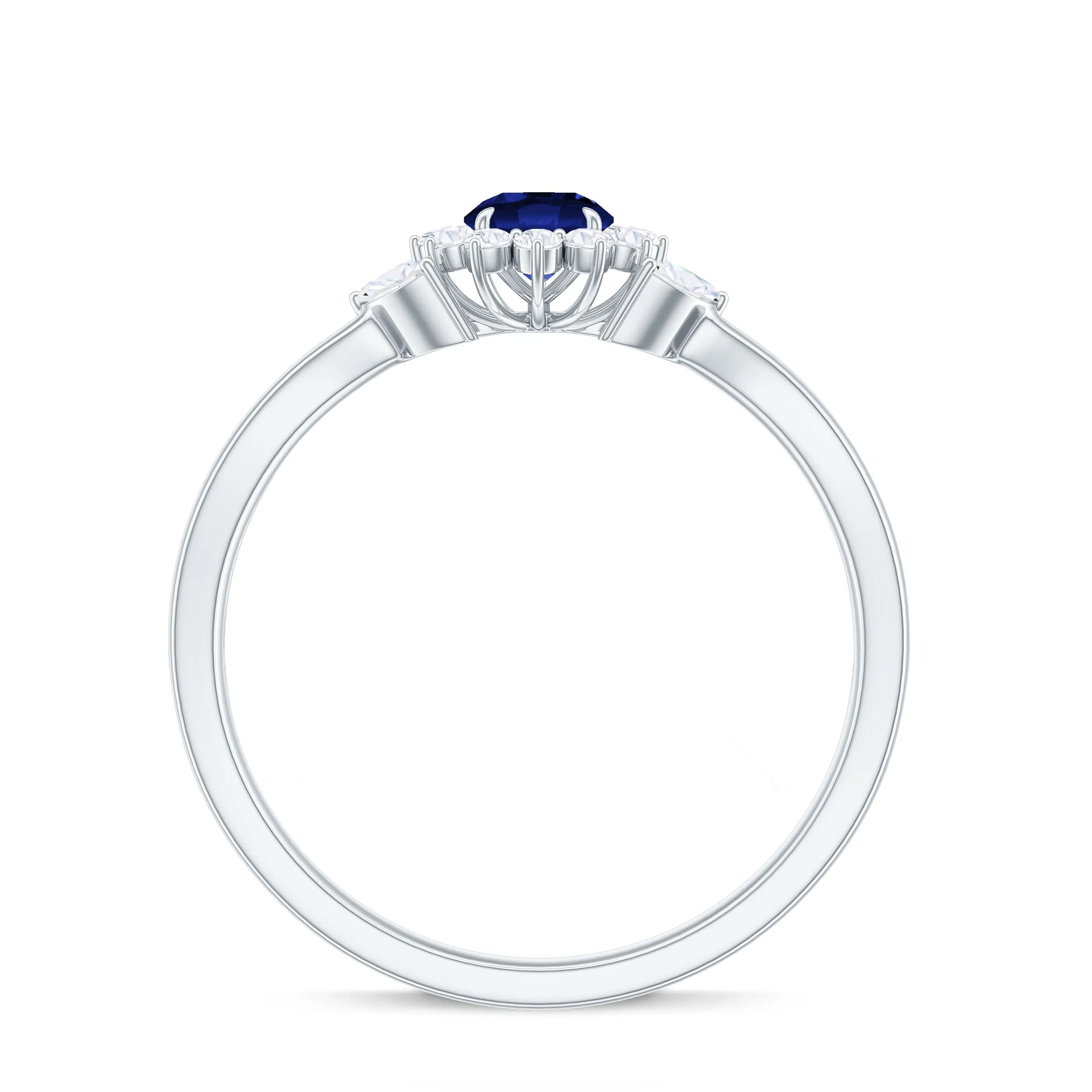 Created Blue Sapphire and Diamond Flower Engagement Ring with Split Shank