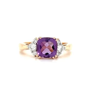 Cushion Amethyst Ring with Six Side Diamonds in 14K Rose Gold